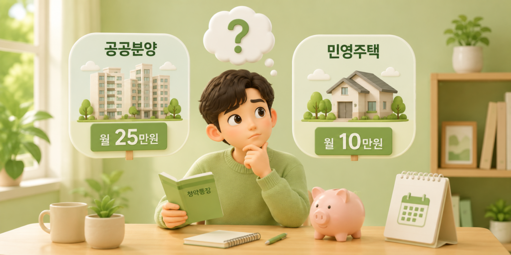 청약통장 공공분양은 월 25만원, 민영주택은 월 10만원으로 목표 주택에 따라 납입액이 갈리는 기준을 비교한 도표