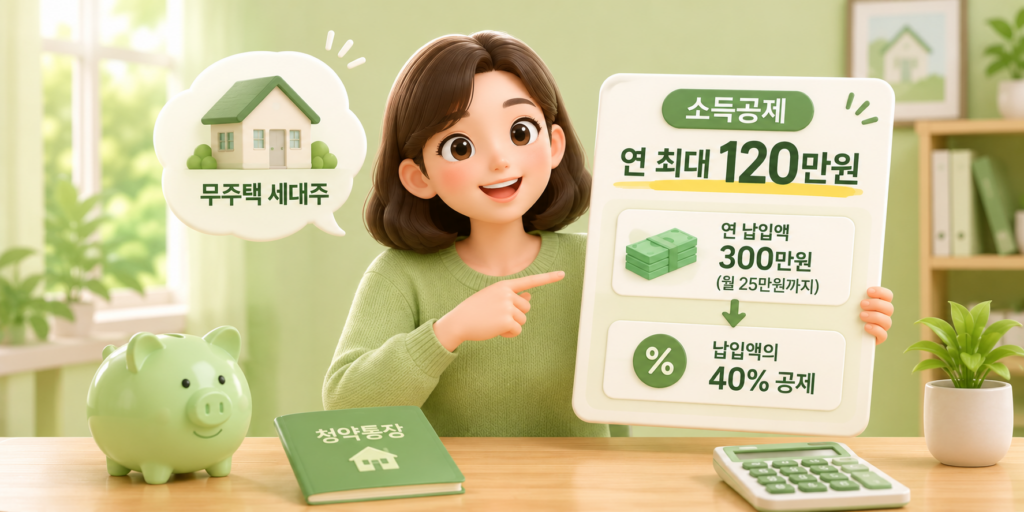 청약통장 소득공제가 무주택 세대주 대상 연 납입액 300만원의 40%, 최대 120만원까지 되는 혜택을 보여주는 이미지