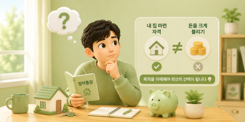 청약통장은 내 집 마련 자격을 만드는 통장이지 돈을 크게 불리는 통장이 아님을 구분해 보여주는 이미지