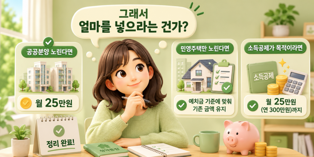 청약통장 목표별 납입액인 공공분양 월 25만원·민영주택 예치금 기준 유지·소득공제 목적 월 25만원을 정리한 도표