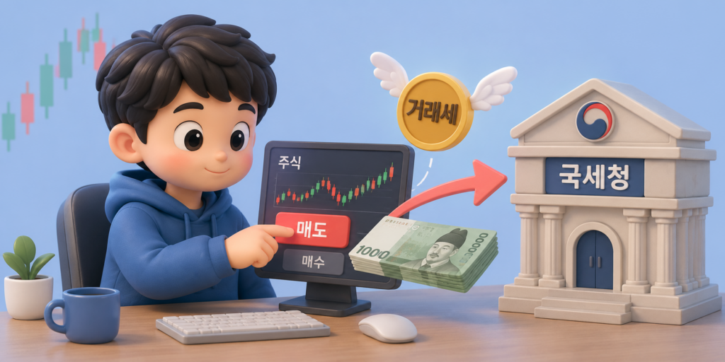 주식을 팔 때만 매도 금액 기준으로 부과되는 증권거래세를 보여주는 이미지