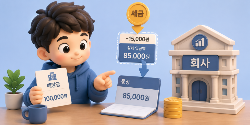 배당금 지급 시 세금을 먼저 떼고 통장에 입금되는 배당소득세를 보여주는 이미지