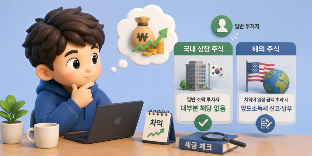 국내 상장 주식은 대부분 해당 없고 해외 주식은 신고·납부하는 양도소득세 차이를 비교한 도표