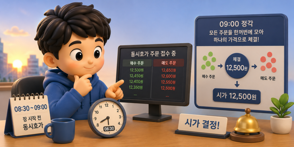 장 시작 전 8시 30분부터 주문을 모아 9시에 하나의 시가로 체결하는 동시호가를 보여주는 이미지