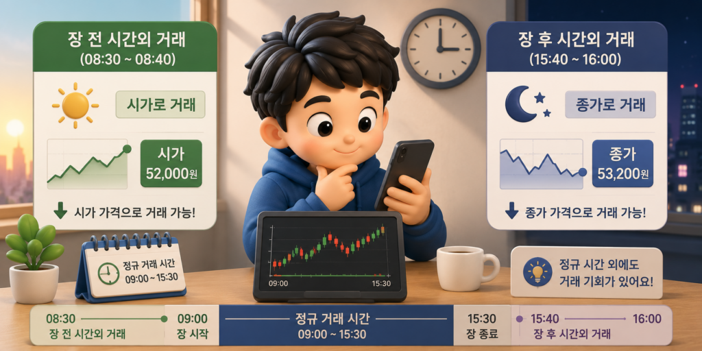 정규 시간 외 시가로 거래하는 장 전과 종가로 거래하는 장 후 시간외 거래를 비교한 도표