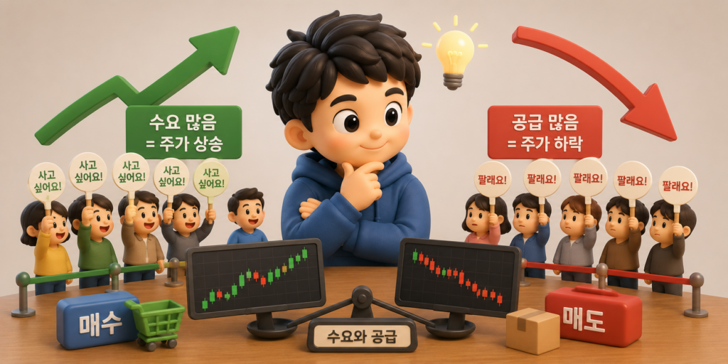 사려는 수요가 많으면 오르고 팔려는 공급이 많으면 내리는 주가의 수요와 공급 원리를 보여주는 이미지