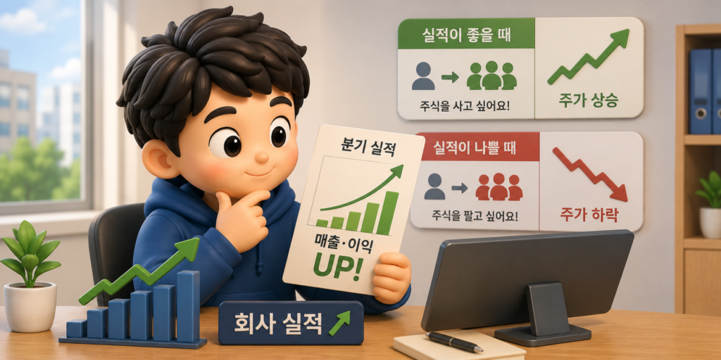 회사 실적이 좋으면 주가 상승, 나쁘면 하락하는 실적과 주가의 관계를 비교한 이미지