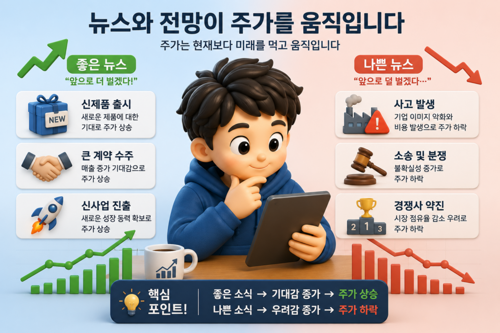 좋은 뉴스는 주가를 올리고 나쁜 뉴스는 내리는 뉴스와 전망의 영향을 비교한 도표