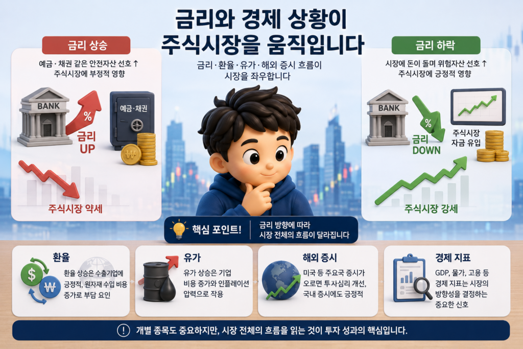 금리 상승은 주식시장 약세, 금리 하락은 강세로 이어지는 금리와 경제 상황의 영향을 비교한 도표