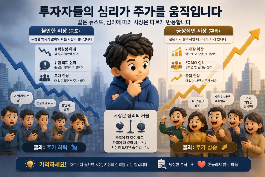 공포에 팔고 환희에 사는 투자자 심리가 주가 하락과 상승을 만드는 과정을 비교한 도표