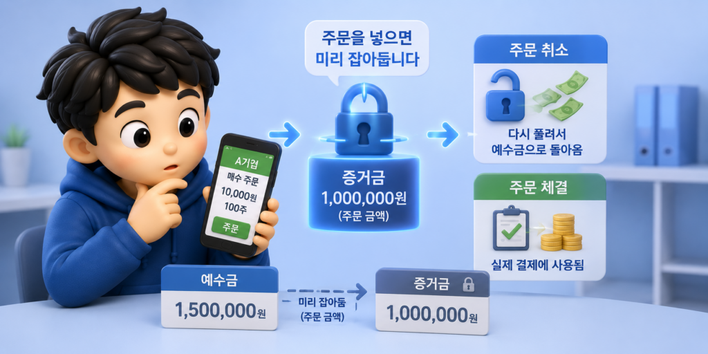 주식 주문 시 체결 전까지 계좌에서 미리 잡아두는 증거금의 흐름을 보여주는 도표