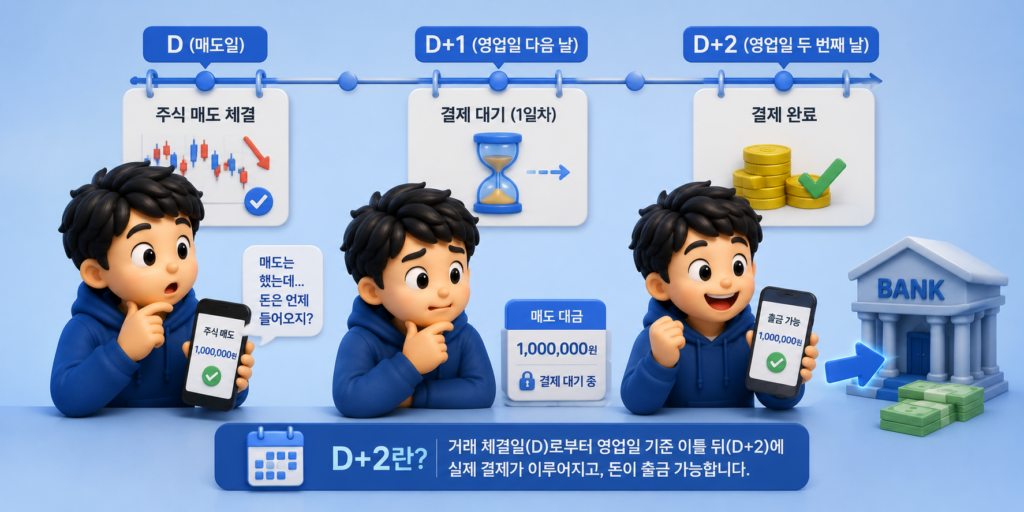 주식 매도 후 영업일 기준 이틀 뒤에 실제 결제가 완료되는 D+2 과정을 보여주는 도표