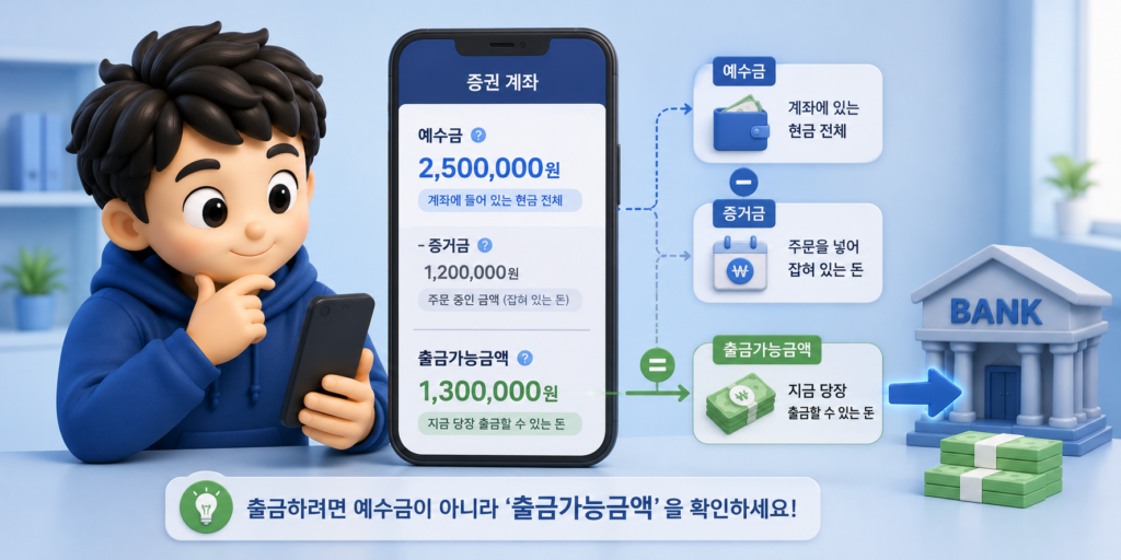 예수금에서 증거금을 뺀, 지금 당장 은행으로 뺄 수 있는 출금가능금액을 보여주는 도표