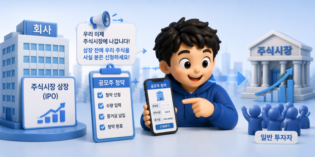 회사가 주식시장에 처음 상장하며 일반 투자자에게 청약으로 파는 공모주를 보여주는 이미지