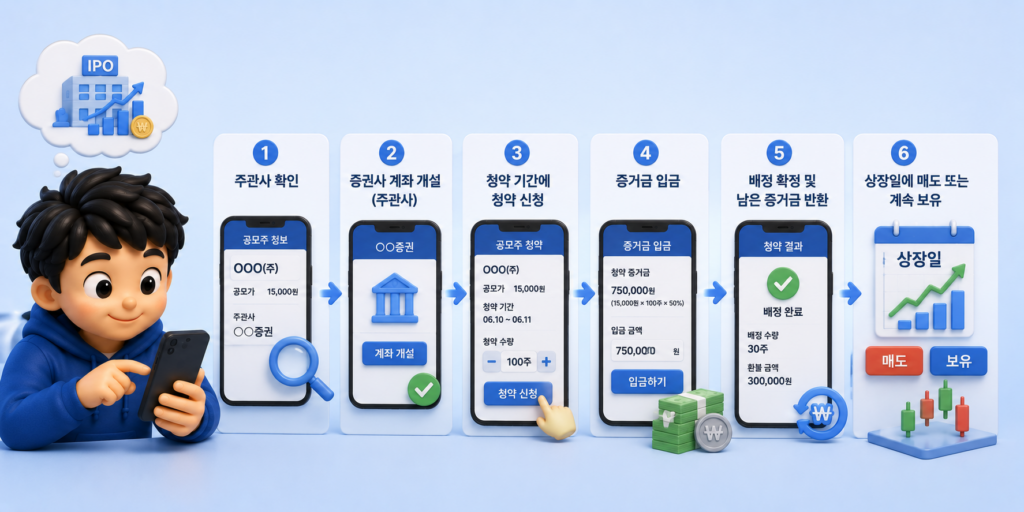 공모주 청약 절차인 주관사 확인·계좌 개설·청약 신청·증거금 입금·배정·상장일 매도까지 6단계를 정리한 도표