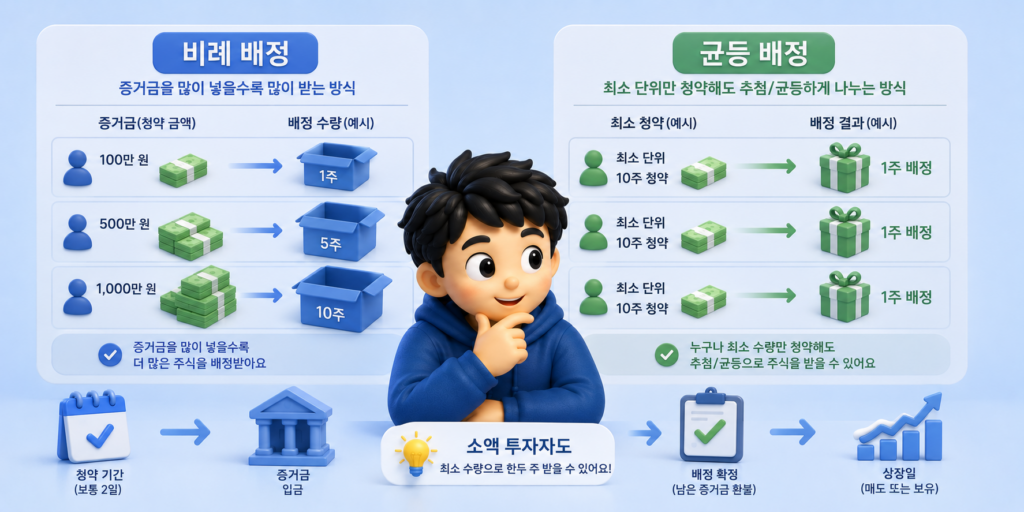 증거금을 많이 넣을수록 많이 받는 비례 배정과 최소 단위로 균등하게 나누는 균등 배정을 비교한 도표