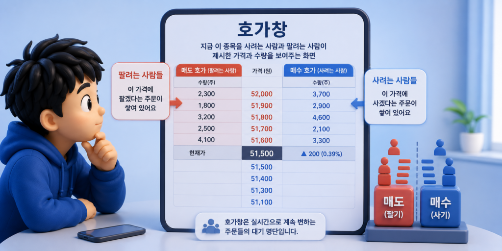 사려는 사람과 팔려는 사람의 가격·수량 주문이 실시간으로 쌓이는 호가창을 보여주는 도표