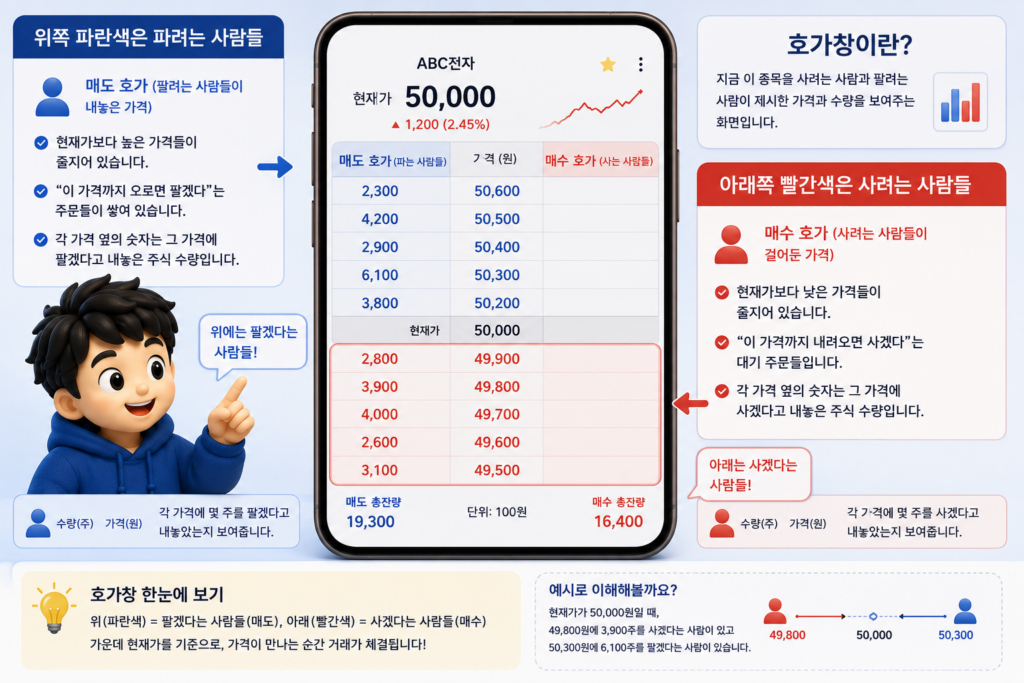 호가창 아래쪽 빨간색에 현재가보다 낮은 가격으로 사겠다는 주문이 쌓인 매수 호가를 보여주는 도표