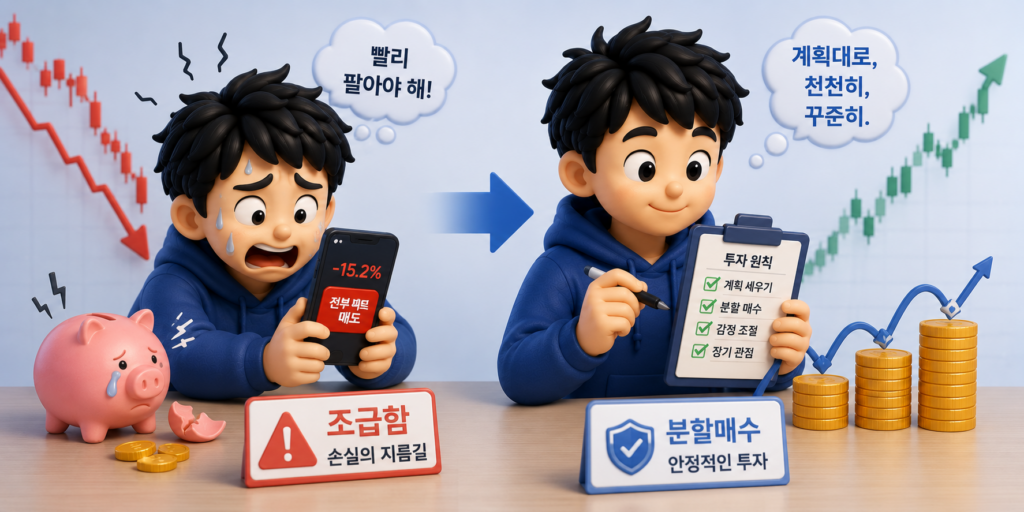 분할매수가 초보의 조급함에 제동을 걸어 계획대로 안정적인 투자를 돕는 모습을 비교한 이미지