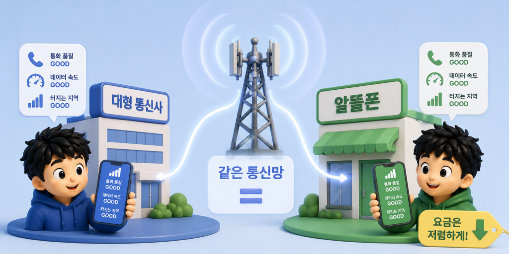 대형 통신사와 같은 통신망을 빌려 품질은 같고 요금만 저렴한 알뜰폰을 비교한 이미지