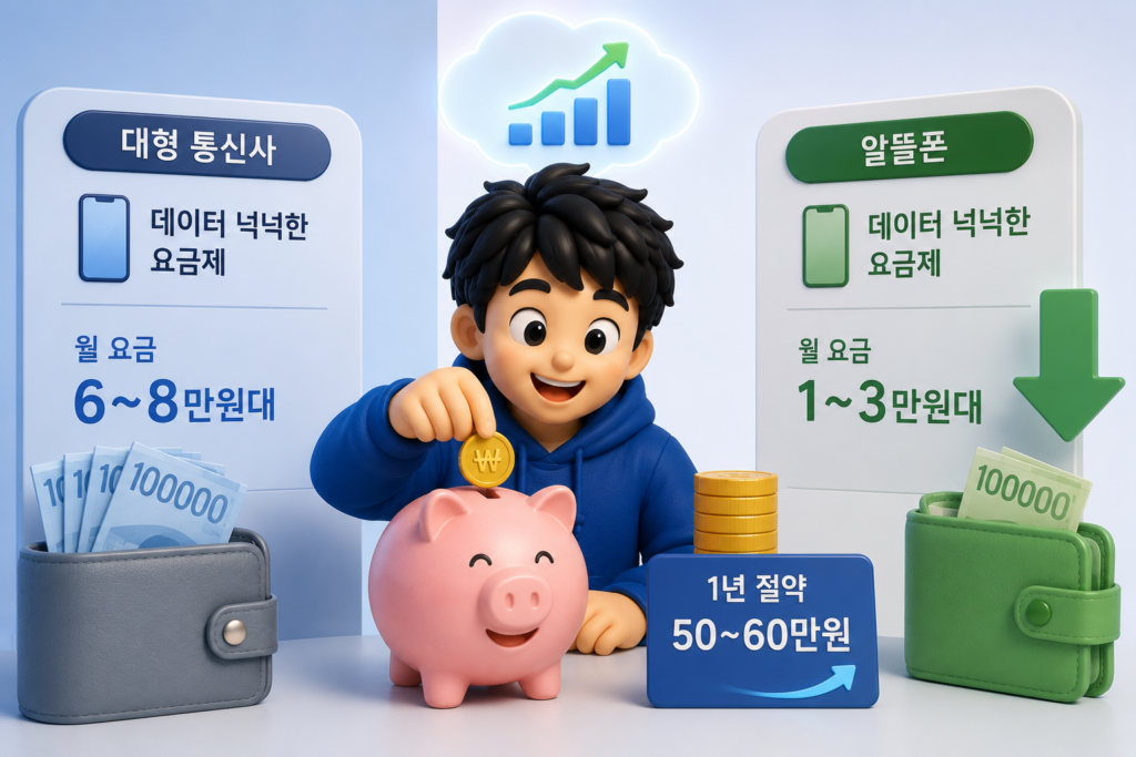같은 데이터 조건에서 대형 통신사 6~8만 원대와 알뜰폰 1~3만 원대를 비교해 연 50~60만 원 절약을 보여주는 도표