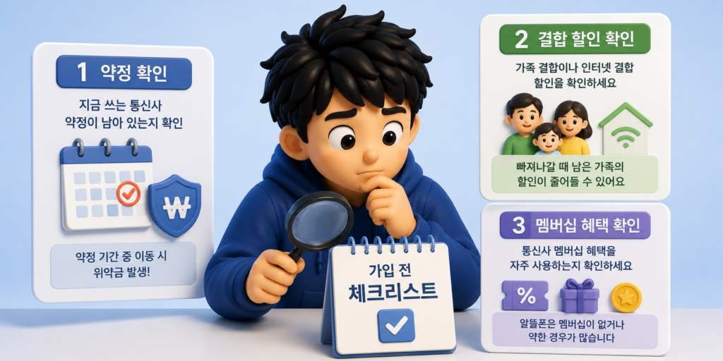 알뜰폰 가입 전 확인할 3가지인 약정 확인·결합 할인 확인·멤버십 혜택 확인을 정리한 도표