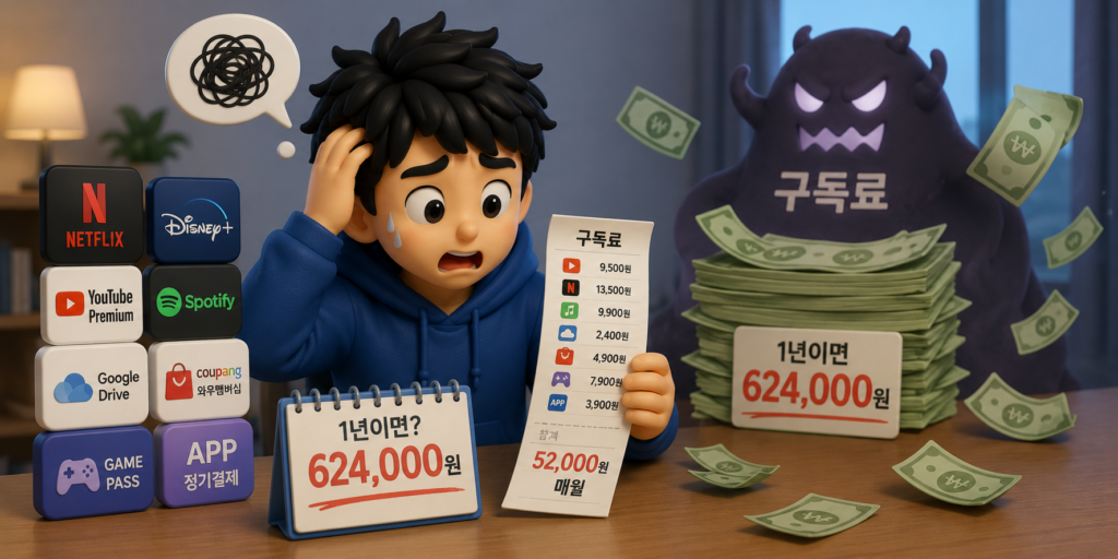 작은 구독료가 쌓여 월 5만 원, 1년 62만 원을 자동결제로 빠져나가는 부담을 보여주는 이미지