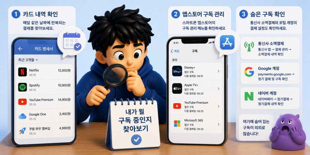 구독 정리 1단계로 카드 내역·앱스토어 구독 관리·숨은 구독을 확인해 내 구독을 찾는 방법을 정리한 도표