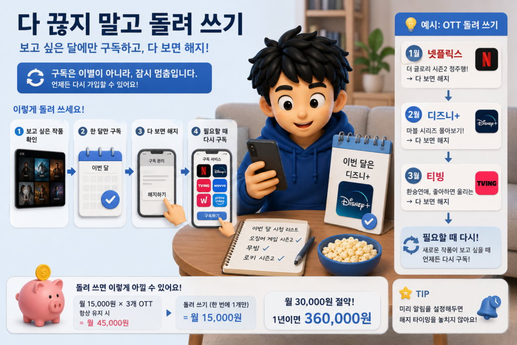 구독 정리 3단계로 OTT를 보고 싶은 달에만 가입하고 다 보면 해지하는 돌려 쓰기 방법을 정리한 도표