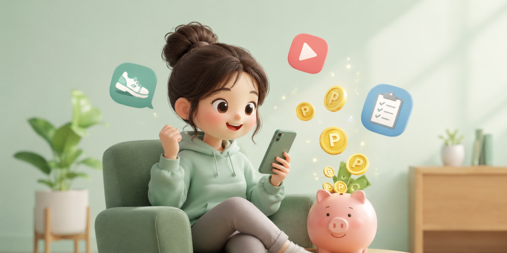 걷기·광고 보기·퀴즈로 앱에서 포인트와 현금을 모으는 앱테크를 보여주는 이미지