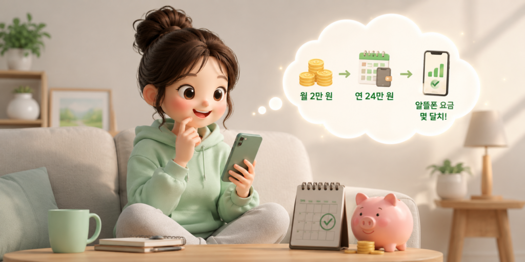 앱테크로 월 2만 원, 연 24만 원을 모아 알뜰폰 통신비 몇 달치를 충당하는 현실적 기대치를 보여주는 이미지