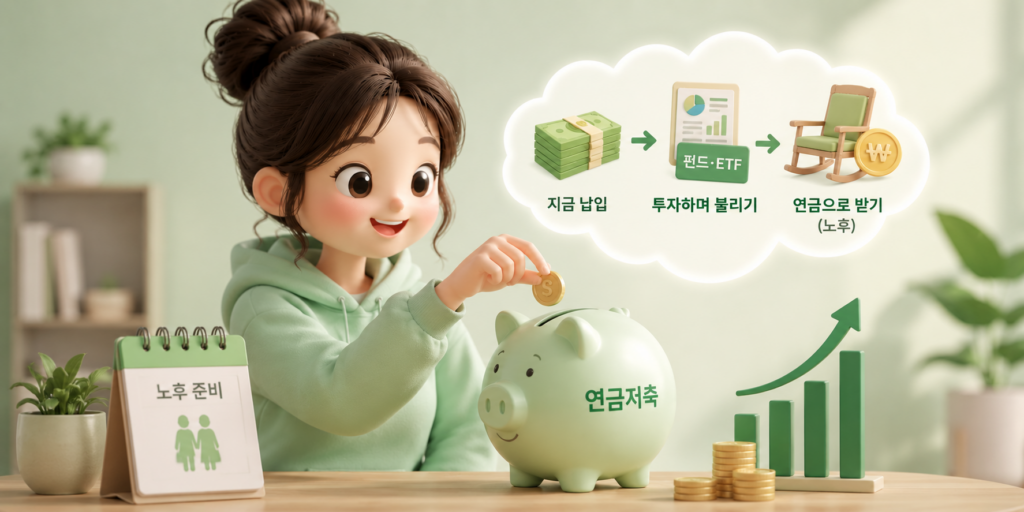 지금 납입해 펀드·ETF로 불리고 노후에 연금으로 받는 연금저축의 구조를 보여주는 이미지
