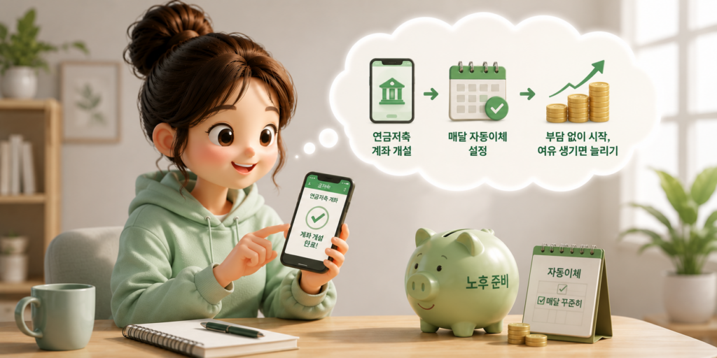 연금저축 계좌 개설·매달 자동이체 설정·부담 없이 시작해 여유 생기면 늘리는 시작 방법을 정리한 도표