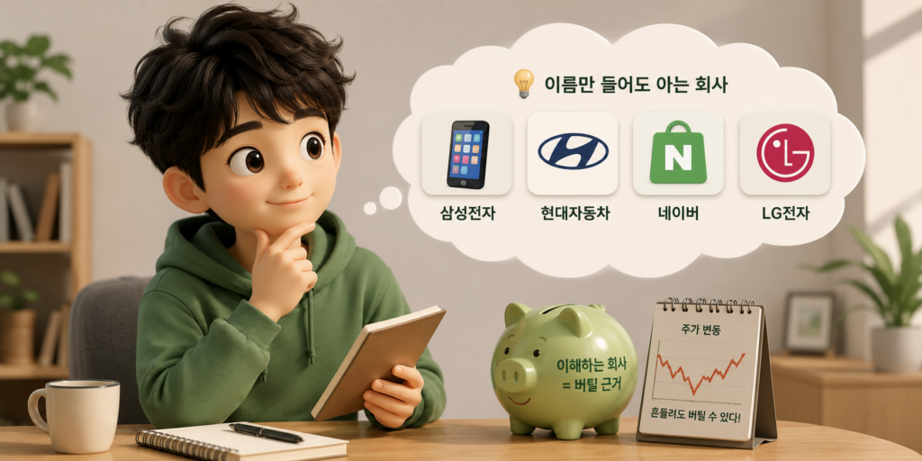 첫 종목은 이름만 들어도 아는 회사를 골라야 주가가 흔들릴 때 버틸 근거가 생김을 보여주는 이미지