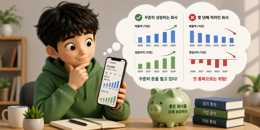매출과 영업이익이 꾸준히 성장하는 회사와 몇 년째 적자인 회사를 비교해 첫 종목 기준을 보여주는 도표
