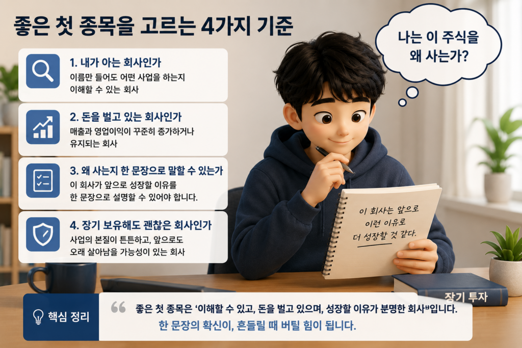 좋은 첫 종목 고르는 4가지 기준과 매수 이유를 한 문장으로 말할 수 있어야 함을 정리한 도표