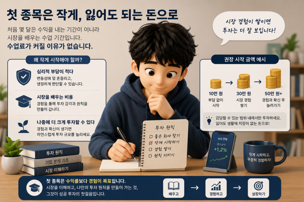첫 종목은 잃어도 되는 소액으로 시작해 시장을 배우는 것이 목표임을 정리한 도표