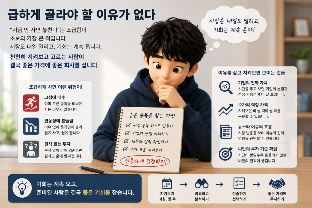 급하게 고르면 고점 매수 위험이 있으니 천천히 지켜보고 좋은 종목을 고르는 과정을 정리한 도표