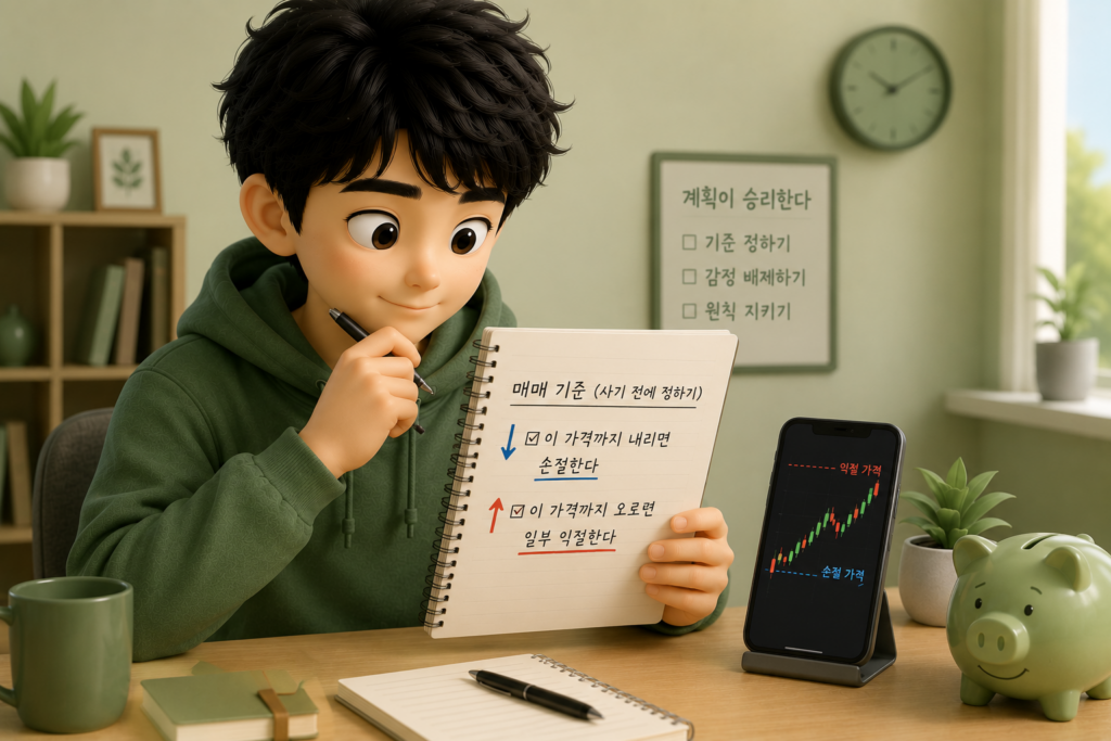 손절·익절 기준을 사기 전에 미리 정해 감정이 아닌 계획이 매매를 이끌게 하는 원칙을 보여주는 이미지