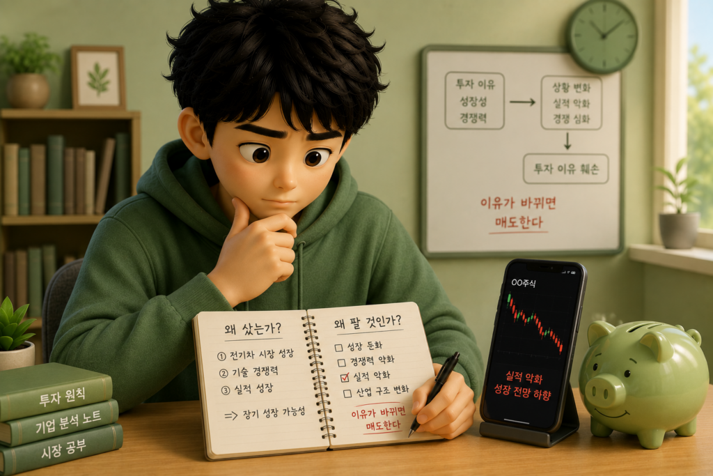 매도는 퍼센트보다 산 이유가 유효한지로 판단하며 이유가 깨지면 파는 원칙을 보여주는 이미지