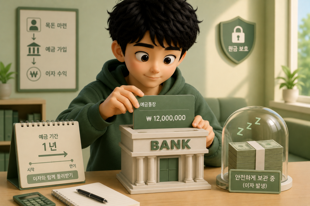 모아둔 목돈을 한 번에 맡기고 정해진 기간 뒤 이자와 함께 돌려받는 예금의 구조를 보여주는 이미지