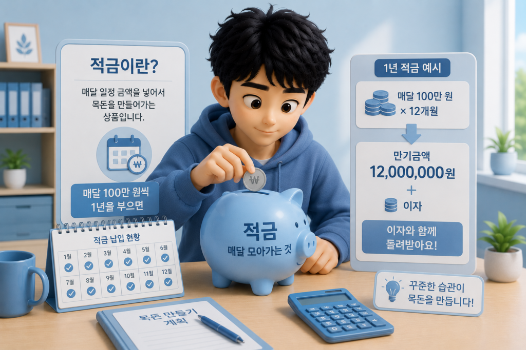 매달 일정 금액을 넣어 목돈을 만드는 적금의 구조와 만기 원리금을 보여주는 이미지