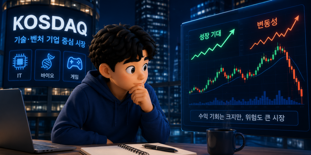 IT·바이오·게임 등 기술 벤처 기업 중심 시장 코스닥의 성장 기대와 높은 변동성을 보여주는 이미지