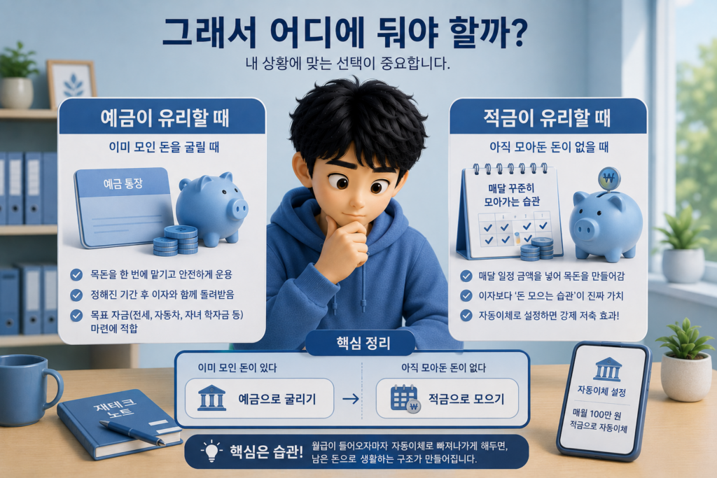 목돈이 있으면 예금, 목돈을 만들려면 적금이 유리한 상황을 비교한 도표