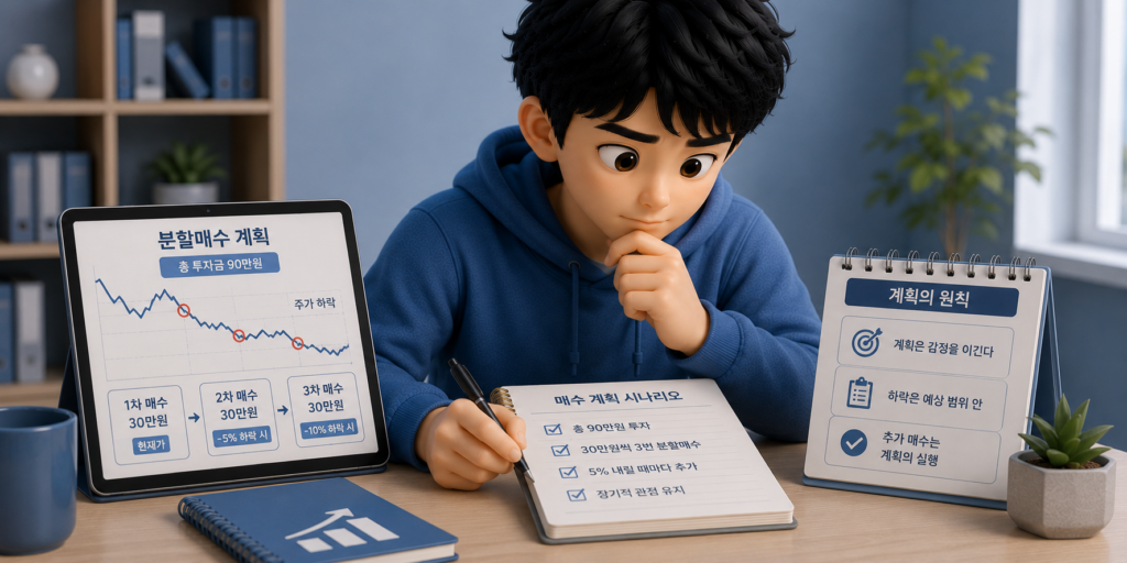 분할매수는 사기 전 세운 계획, 물타기는 손실 후 반응이라는 결정적 차이를 비교한 도표