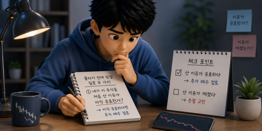 물타기 전 자문할 두 가지 질문인 산 이유가 유효한가와 이 가격에 새로 사고 싶은가를 정리한 도표