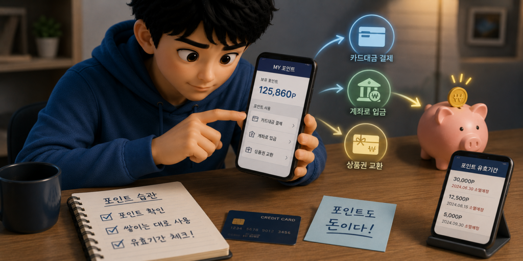 카드 포인트를 카드대금 결제·계좌 입금·상품권 교환으로 현금처럼 쓰는 방법을 보여주는 이미지