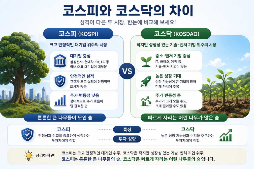 코스피와 코스닥의 차이를 대기업 중심·안정성과 기술 벤처 중심·성장성으로 비교한 도표