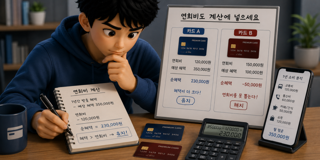 1년 받는 혜택이 연회비보다 큰지 계산해 카드 유지·해지를 판단하는 과정을 비교한 도표