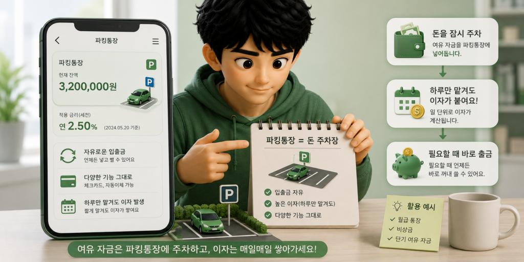 돈을 잠시 주차하듯 넣고 하루만 맡겨도 이자가 붙는 파킹통장의 특징을 보여주는 이미지